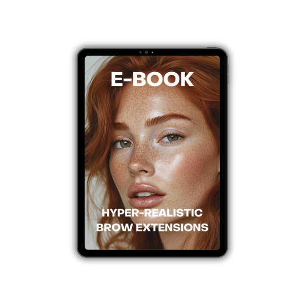 E-book cover for ‘Hyper-Realistic Brow Extensions’ by Sugar Browed, featuring a model with natural, full brows and a flawless skin finish — digital brow training guide for achieving a hyper-realistic eyebrow extension effect.