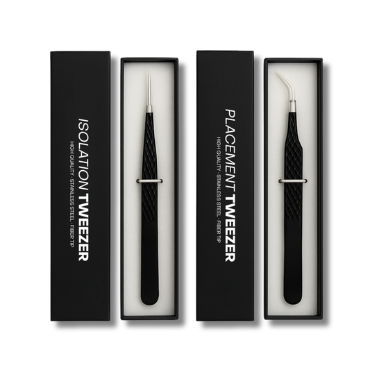 High-quality tweezer set with fiber tip in luxury black box, designed for precision brow or lash extensions.