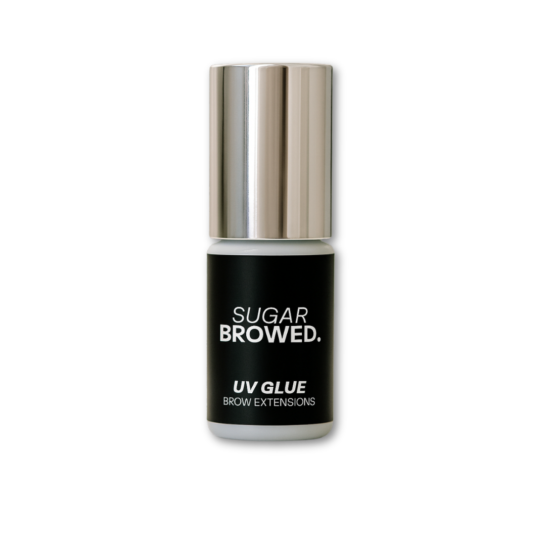 High-resolution product image of SUGAR BROWED UV Glue for brow extensions, professional adhesive bottle with silver cap, showcased on a clean background.