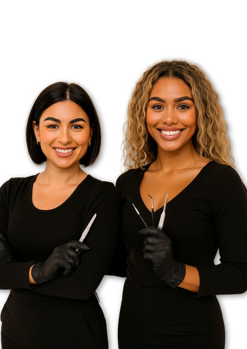 Two women at Sugar Browed training center, proudly showcasing a Brow Extension certificate. The certified student holds her official Sugar Browed certificate, standing beside a professional brow trainer. Both wear natural makeup with defined eyebrows and are posed in front of a clean off-white background with the Sugar Browed logo.