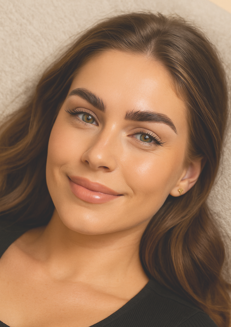 Model showcasing the results of Sugar Browed’s Brow Extensions & Brow Lamination Combi Course — learn professional techniques to achieve full, natural brows using real human hair extensions. Includes a free social media content creation module.