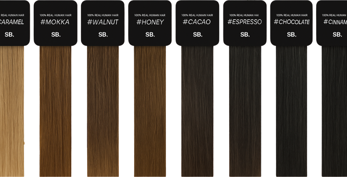 Sugar Browed collection of 100% real human hair eyebrow extensions in 10 natural shades: Caramel, Mokka, Walnut, Honey, Cacao, Espresso, Chocolate, Cinnamon, Vanilla, and Truffle. Professional-quality swatches for achieving a natural brow look with premium human hair extensions.