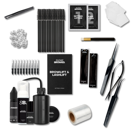 Complete combination starter kit for brow extensions and brow lamination, elegantly arranged in a branded box. Includes professional tools such as isolation and placement tweezers, brow & lash lifting solutions, adhesive, brushes, lamination film, water bottle, remover brushes, brow extensions, glue rings, cleansing wipes, and lamination brushes, ideal for stylists offering both treatments.
