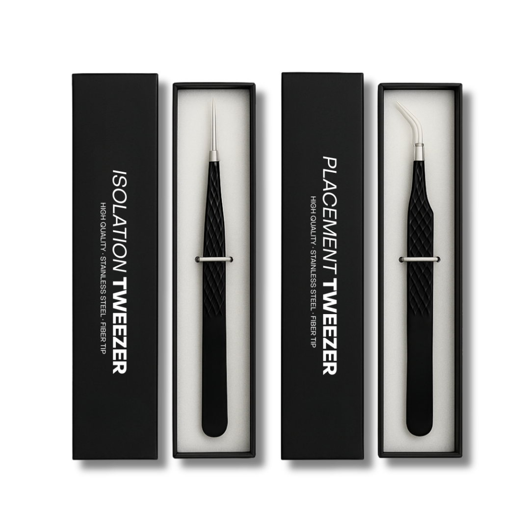 High-quality tweezer set with fiber tip in luxury black box, designed for precision brow or lash extensions.