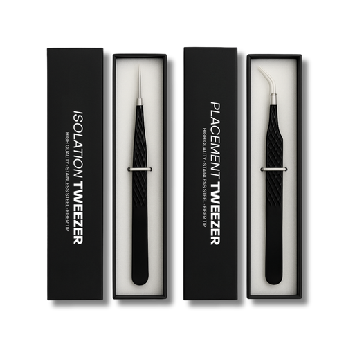 High-quality tweezer set with fiber tip in luxury black box, designed for precision brow or lash extensions.